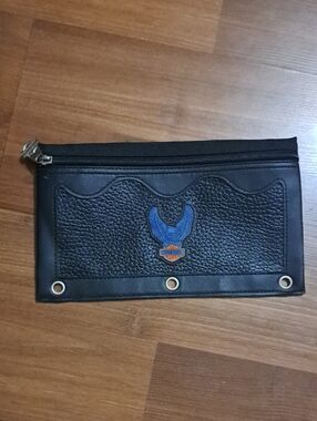 Harley-Davidson Black Pencil Case with Blue Eagle Emblem. Binder Holes